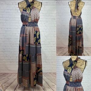Lulus Criss Cross Halter Style Multi Tier Patchwork Print Maxi